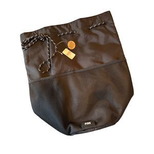 VICTORIA'S SECRET PINK DRAWSTRING MESH BACKPACK PURE BLACK NWT